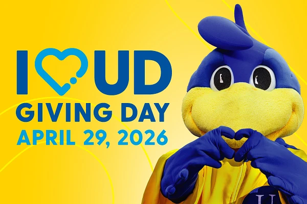 The image promotes "I Heart UD Giving Day" scheduled for April 29, 2026, featuring UD's mascot making a heart shape with its hands.