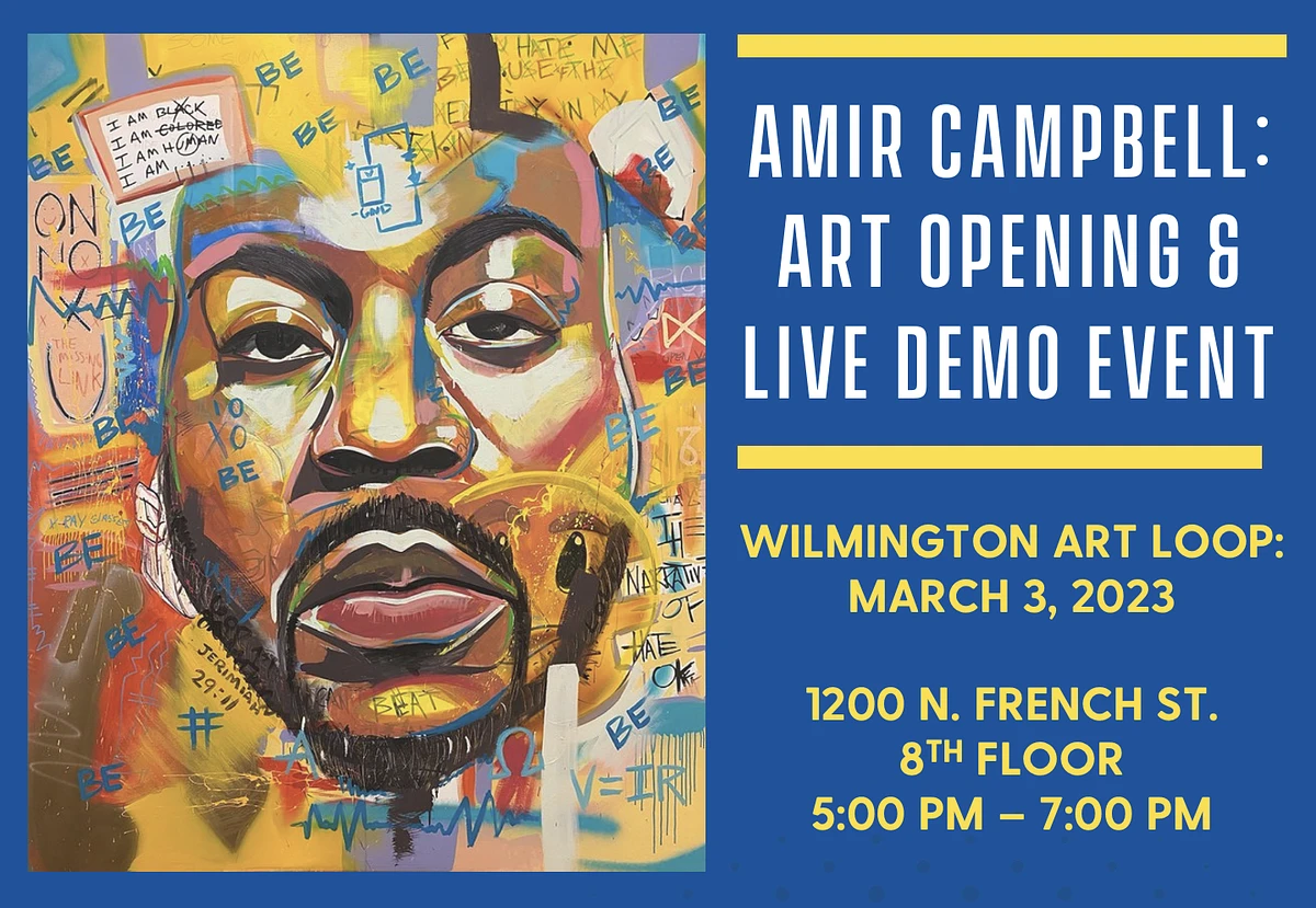Graphic of Amir Campbell self-portrait with event location and time details