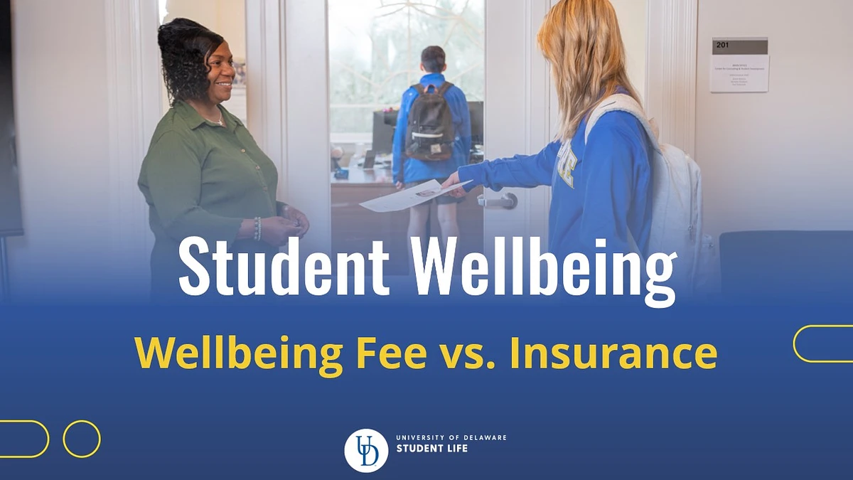 The image shows a student interacting with a staff member in a student wellbeing office, with text highlighting a discussion on "Wellbeing Fee vs. Insurance" from the University of Delaware Student Life department.