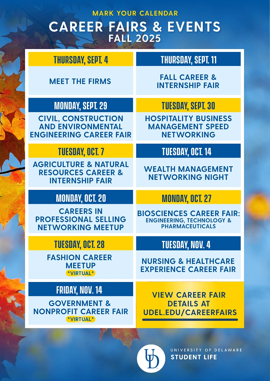 The image is a schedule of career fairs and events for Fall 2025 at the University of Delaware, detailing various industry-specific networking opportunities.