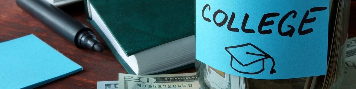Photo of sticky note, pen, notebook and mason jar with "College" written on it. Money shown under mason jar.